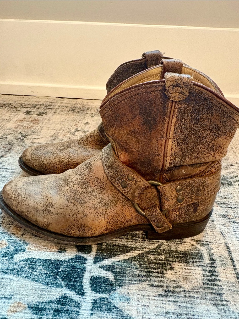 Frye Distressed Tan Brown Leather Harness Ankle Boots